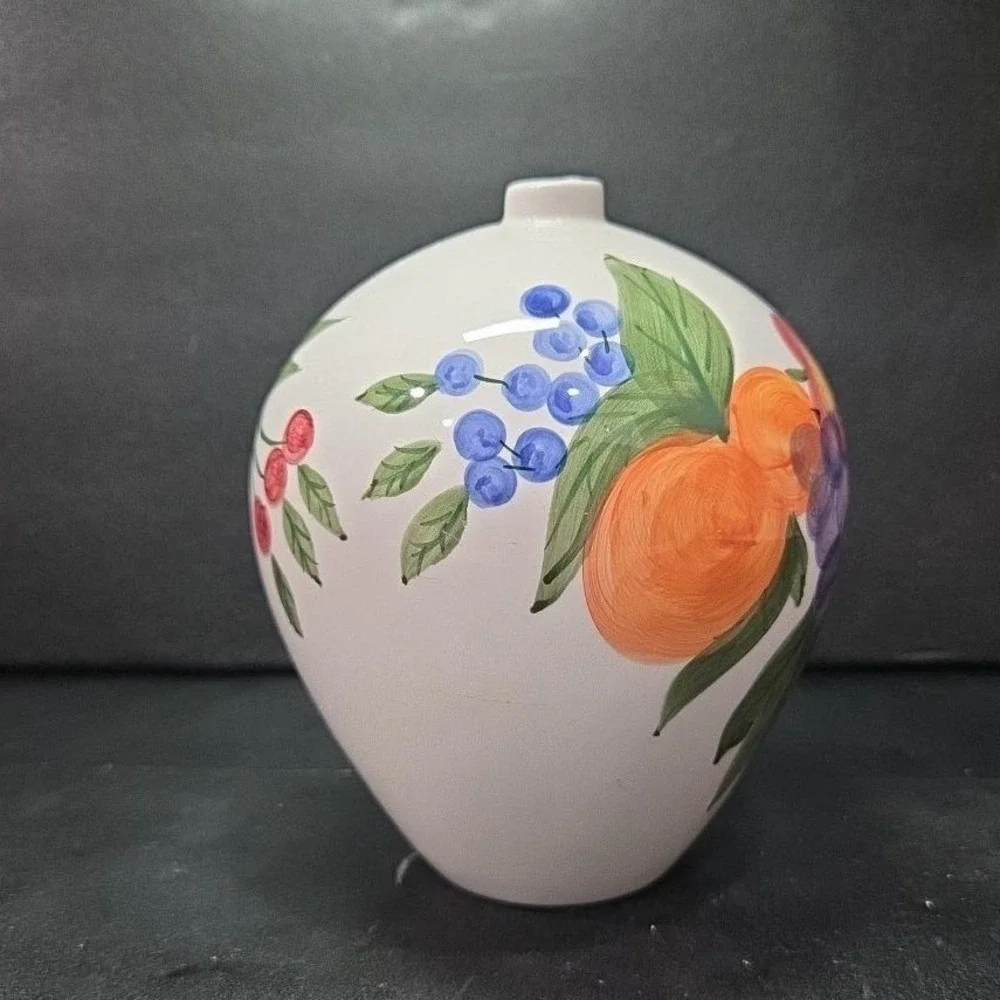 Fruit Themed Bud Vase, Vintage Hand Painted‎ Ceramic Flower Holder, Centerpiece